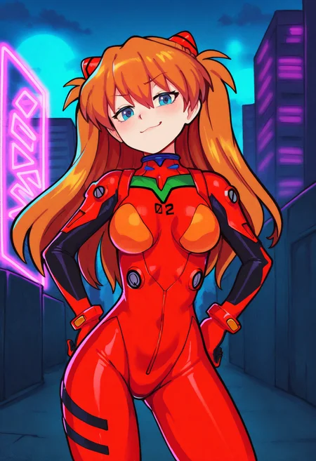 best quality, amazing quality, very aesthetic, absurdres, BREAK
1girl, asuka langley, red plugsuit, standing, smug, looking at viewer, futuristic background, neon light , buildings, night, <lora:NivarisNoob_byKonan:1>