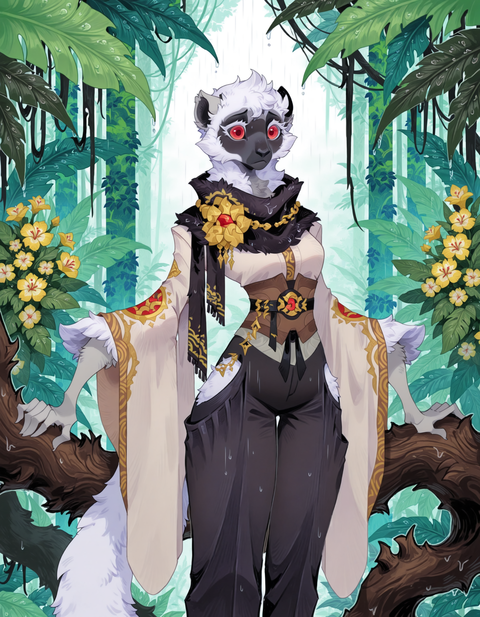afkArenaStyle, dr3adsp1re, 

Coquerel Lemur, fur, fluffy, tuft, detailed fur, body fur,
red eyes, white eyelashes, solo, gold embroidery, black scarf, grey blouse, wide sleeves, sash-belt, black pants, wide-leg pants, high-waisted pants, on a branch, jungle, rainforest, mist, plants, colorful flowers, rain, 

masterpiece, best quality, 
