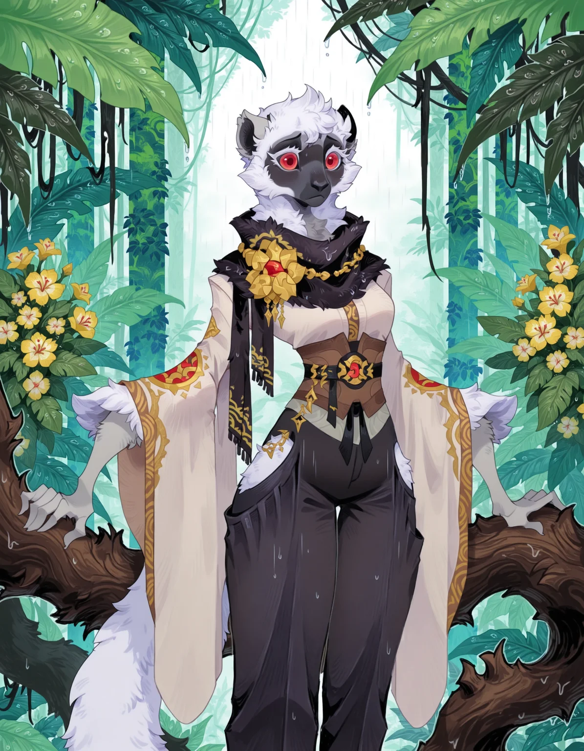afkArenaStyle, dr3adsp1re, 

Coquerel Lemur, fur, fluffy, tuft, detailed fur, body fur,
red eyes, white eyelashes, solo, gold embroidery, black scarf, grey blouse, wide sleeves, sash-belt, black pants, wide-leg pants, high-waisted pants, on a branch, jungle, rainforest, mist, plants, colorful flowers, rain, 

masterpiece, best quality, 