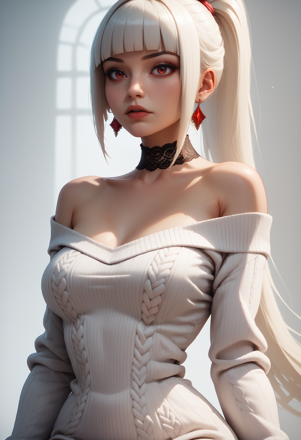 score_9, score_8_up, score_7_up,
1girl, solo, wide shot, sexy sweater dress, white dress, scoop neck, long sleeves, bare shoulders, lace choker, ruby earrings,
<lora:Dark_Sayuki_Pony_v0.1:0.5> d4rks4yuk1, hime cut, ponytail,