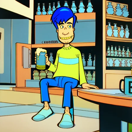 score_9, score_8_up, score_7_up BREAK AndyMH, 1boy, blue hair, blue eyes, yellow sweater with cyan stripe, blue pants, light blue white shoes, sitting, holding beer, cartoon, source_cartoon,