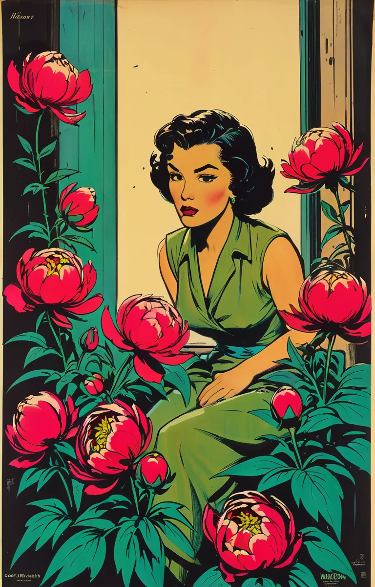 masterpiece,best quality,<lora:tbh369-sdxl:0.6>,illustration,style of Milton Caniff decaying peonies