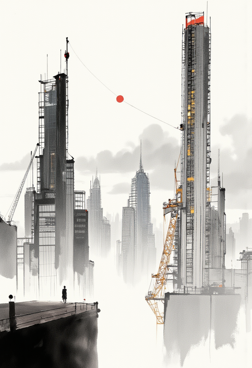 An image in style of ink wash painting, depicting a futuristic cityscape with towering high-rise buildings and a crane. The scene is set against a foggy, misty background, giving it a mysterious, almost ethereal feel. A small figure stands on a rooftop, observing the city. The architecture is sleek and modern, with a blend of sharp lines and soft curves. The lighting appears natural, with diffused light suggesting an overcast sky. The perspective is slightly low-angle, emphasizing the towering heights of the buildings. <lora:Shuimozhuangshi_Ink_wash_painting_style_v2.7:1>