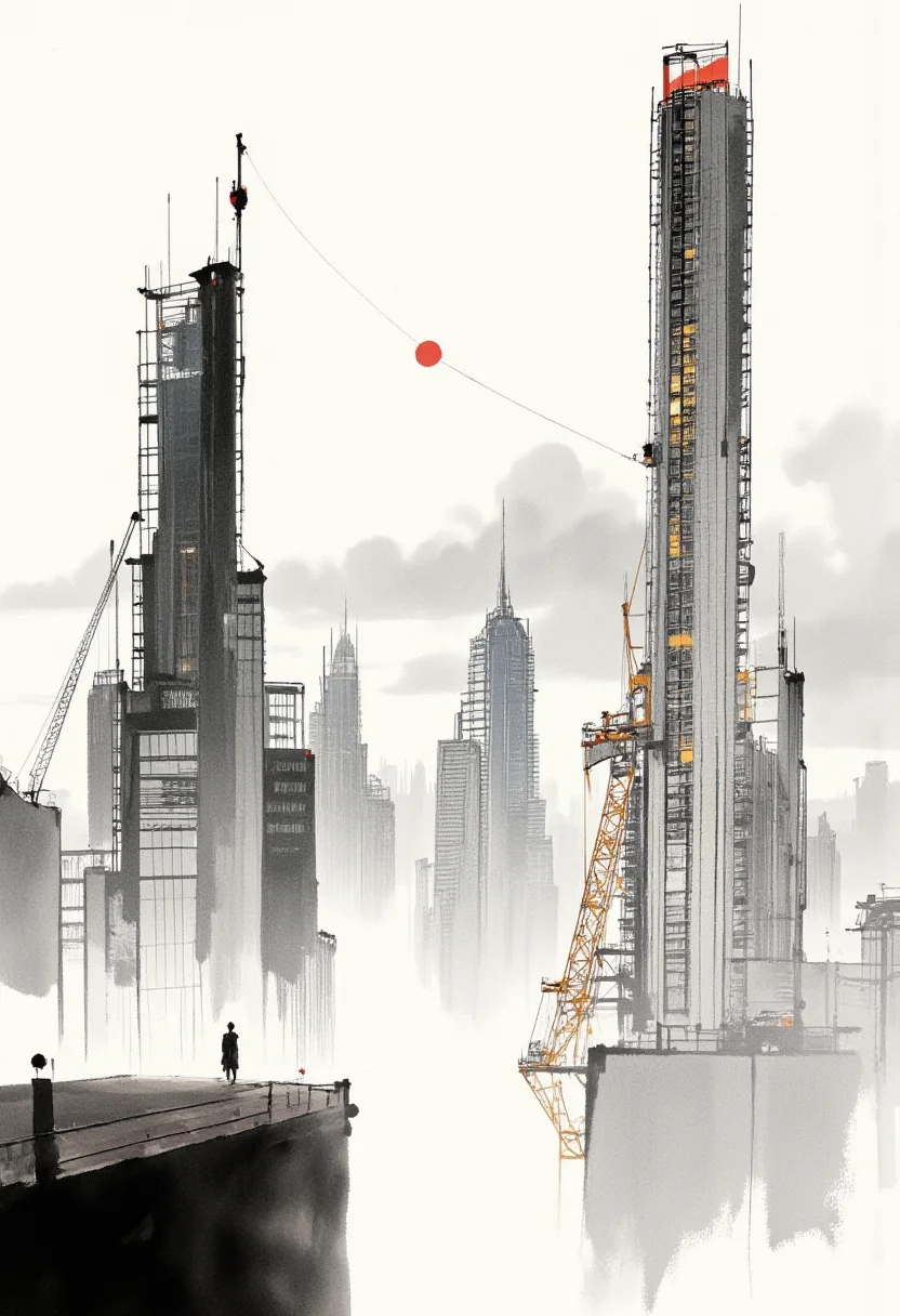 An image in style of ink wash painting, depicting a futuristic cityscape with towering high-rise buildings and a crane. The scene is set against a foggy, misty background, giving it a mysterious, almost ethereal feel. A small figure stands on a rooftop, observing the city. The architecture is sleek and modern, with a blend of sharp lines and soft curves. The lighting appears natural, with diffused light suggesting an overcast sky. The perspective is slightly low-angle, emphasizing the towering heights of the buildings. <lora:Shuimozhuangshi_Ink_wash_painting_style_v2.7:1>