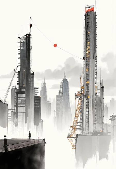 An image in style of ink wash painting, depicting a futuristic cityscape with towering high-rise buildings and a crane. The scene is set against a foggy, misty background, giving it a mysterious, almost ethereal feel. A small figure stands on a rooftop, observing the city. The architecture is sleek and modern, with a blend of sharp lines and soft curves. The lighting appears natural, with diffused light suggesting an overcast sky. The perspective is slightly low-angle, emphasizing the towering heights of the buildings. <lora:Shuimozhuangshi_Ink_wash_painting_style_v2.7:1>