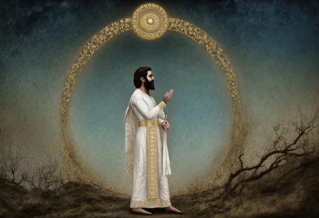 moon cycle arches above Cyrus the great in a long white dress meets with Zartosht, gold scrollwork, novuschroma style, daguerreotype photo