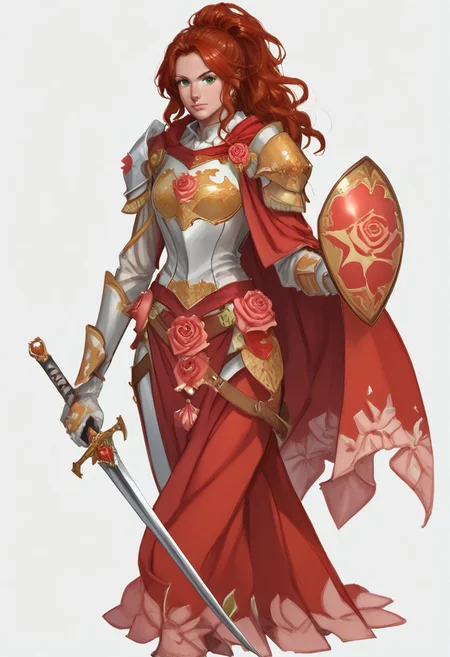score_9, score_8_up, score_8_up,
sune, sune \(baldurs gate\), sune \(goddess\), 1girl, solo, long hair, looking at viewer, simple background, brown hair, white background, holding, green eyes, ponytail, weapon, flower, red hair, sword, cape, holding weapon, armor, rose, holding sword, shoulder armor, pauldrons, shield, breastplate, holding shield