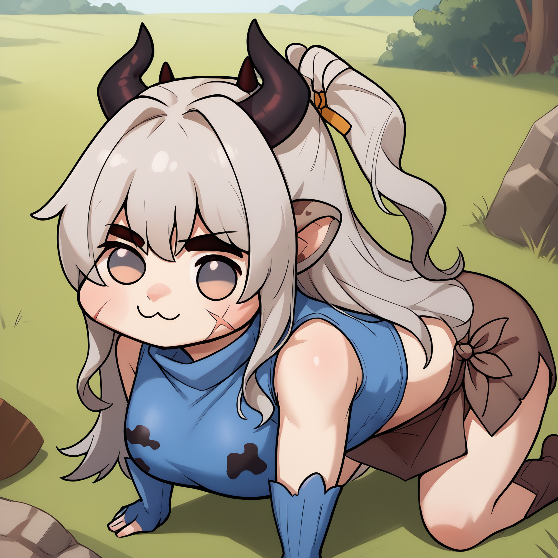 score_9, score_8_up, score_7_up, BREAK 1girl, solo, oxma, cow girl, horns, grey eyes, scar on cheek, long hair, grey hair, large breasts, <lora:OxenKingUmaPDXL_V1-Manityro-CAME:0.8>, outdoors, field,
<lora:Doro_X_PDXL_V1:1.2>, doro, creature, :3, chibi, no humans, four legs, solid circle eyes, no pupils, all fours, full body, side view,
cow print, blue crop top, sleeveless, turtleneck, blue gloves, brown sarong