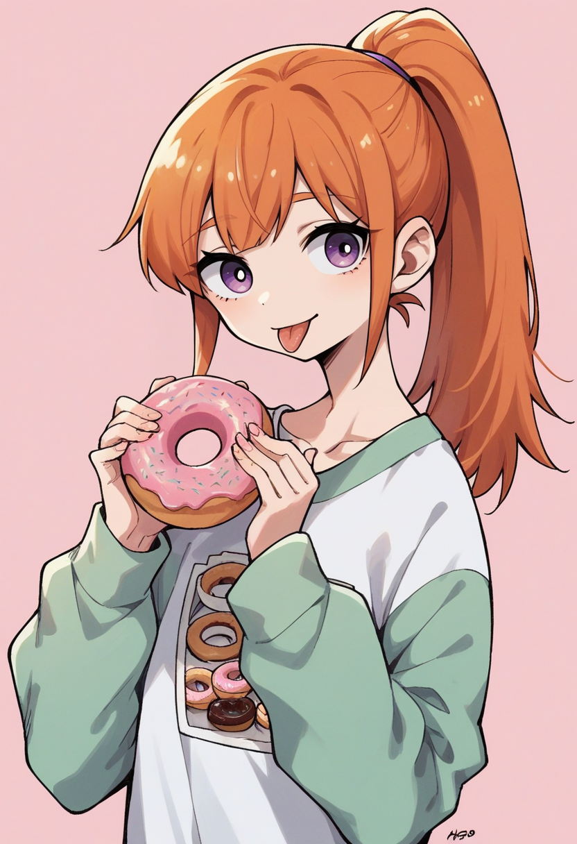 score_9, score_8_up, score_7_up, score_6_up, score_5_up, garouma, 1girl, food, wagashi, dango, solo, taiyaki, orange hair, tongue out, shirt, tongue, doughnut, purple eyes, fruit, long sleeves, skewer, bangs, ponytail, pink background, upper body <lora:garoumaXLP:1>