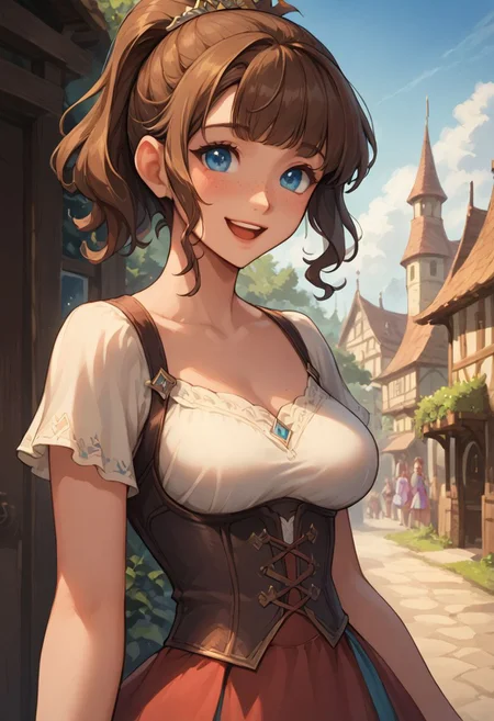 score_9, score_8_up, score_8_up, 1girl, sexy 20yo white caucasian girl, happy, smiling, friendly, girl standing, (((fantasy adventurer))),  (brown hair), ponytail, bangs, sidelocks, short hair, freckles, blue eyes(medium breasts;1.3)  narrow source comic book, pastel colors, high res image, masterpiece, fantasy town