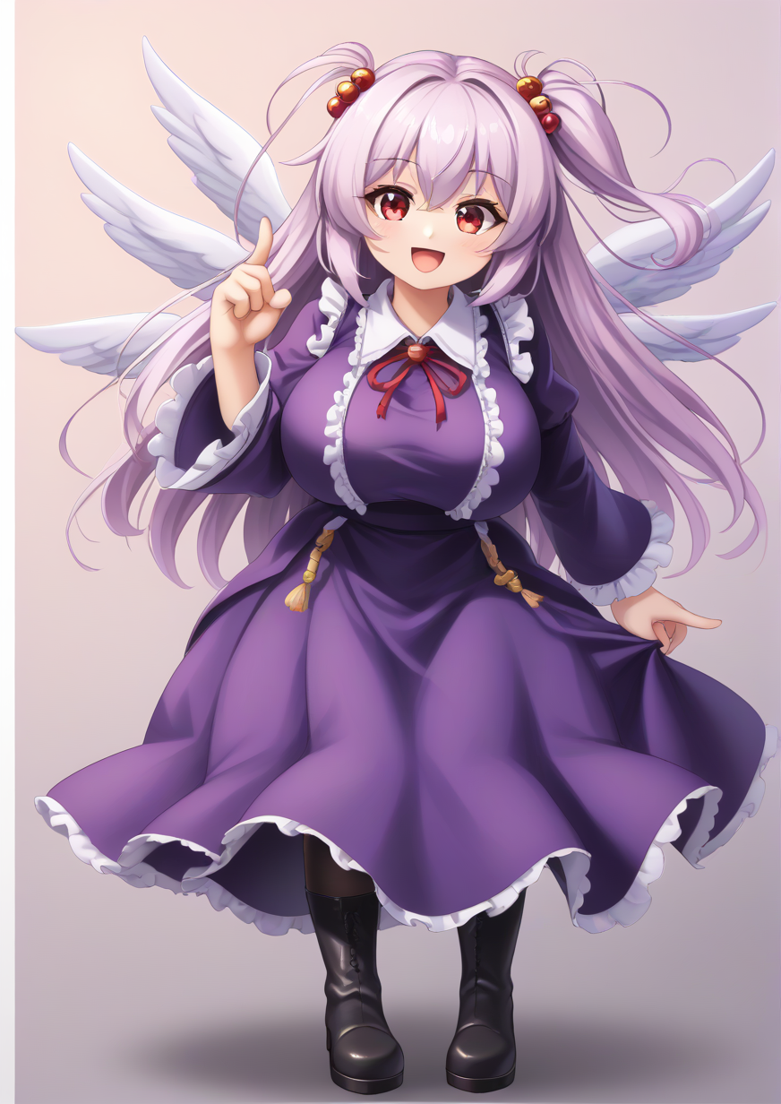 1girl, shinki (touhou), huge breast, , :d, black footwear, boots, chibi, chibi inset, dress, full body, hair bobbles, hair ornament, hair wagging, hitodama, long hair, long sleeves, multiple wings, one side up, open mouth, pantyhose, red eyes, smile, solo, wings,  handfixer <lora:HandFixer_pdxl_Incrs_v1:1> <lora:Zzo0:0.8>