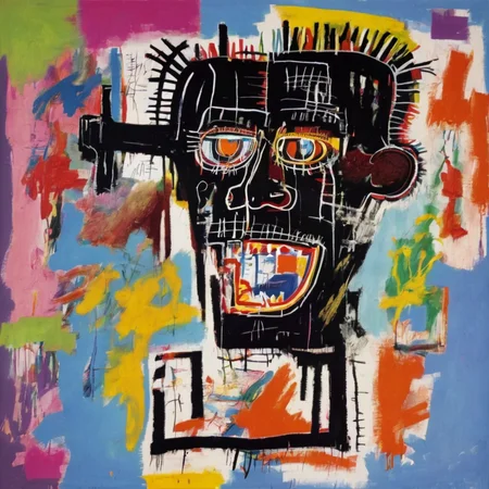 <lora:b4sq:1>b4sq extremely vivid psychedelic colors basquiat picasso