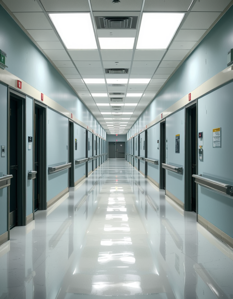 A long, sterile hospital corridor with bright white walls and a polished, reflective floor. The fluorescent ceiling lights cast a cold, clinical glow, emphasizing the cleanliness of the space. The hallway is lined with closed patient rooms, each marked with a small number plate. Stainless steel handrails run along the walls, and a few medical carts are neatly parked near the side. The corridor appears empty, creating a sense of stillness and anticipation. At the far end, a set of double doors with small glass windows leads to another section of the hospital. The atmosphere is quiet, professional, and highly sanitized, evoking a sense of order and precision.
<lora:SDXLFaeTastic2400:0.4> <lora:extremely_detailed:0.4> extremely detailed, <lora:sterile_hospital_c0rr1d0r:1>,sterile hospital c0rr1d0r, Masterpiece,best quality,hi res,8k,hi res,8k,award winning,(sharp focus, intricate, highly detailed),