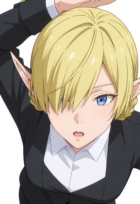 Smooth Quality,masterpiece,very intricate, high quality details, ultra realistic, high detailed skin,detailed enviorement,absurdres,
simple background, white background,
from above,dancing,
;o,
<lora:Kagali_cnn:0.8> 1girl, blonde hair, blue eyes, pointy ears, elf,short hair, braid, hair over one eye,suit, white shirt,