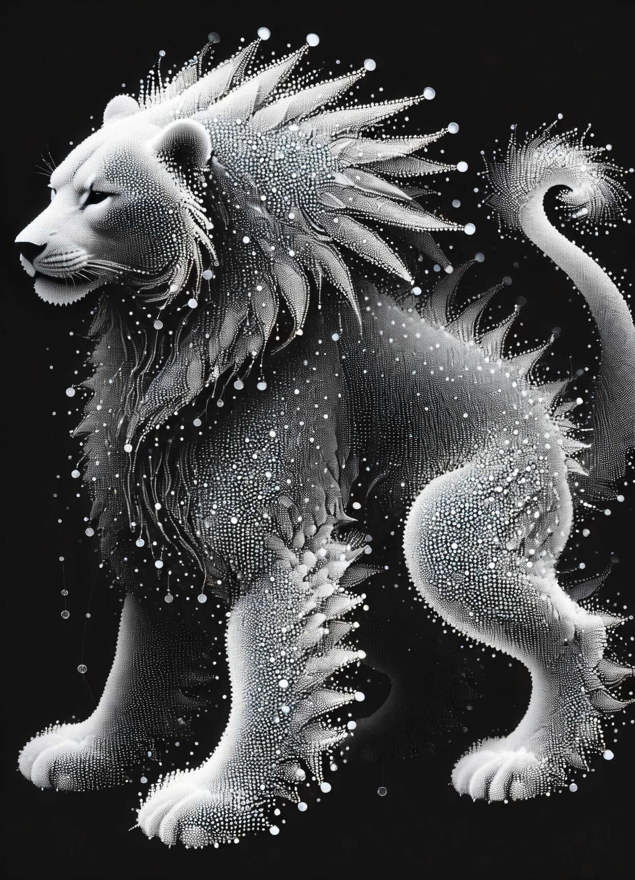 DonMD4t4D3ns1tyXL networked nautical spirit asian quadrupedal Sirrush,   icey
 , dot art, data density, monochrome <lora:DonMD4t4D3ns1tyXL-000008:1>