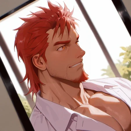 <lora:Auguste_Lion__From_Bureaucrat_to_Villainess_Dads_Been_Reincarnated-000008:.7>, Auguste Lion, red hair, 
(very short hair, beard, bara, mature, facial hair, stubble, beard, full beard, sideburn, beard, a lot of beard, ), facial hair,male focus, muscular male, muscular male, bara, mature,  bara, mature, dutch angle,
aixiwuganda_(20222192), very awa, masterpiece, best quality, absurdres, newest, perfect quality, detailed background, intricate details,
<lora:slider_Body Type_alpha1.0_rank4_noxattn_last:2><lora:style_Anime Summer Days 2 Style SDXL_LoRA_Pony Diffusion V6 XL:.6><lora:slider_cfg_scale_boost:.7><lora:face_Artist6p-10:.55>, Artist6p, Artist04p,<lora:slider_il_brightness_slider_d1:-1><lora:slider_il_contrast_slider_d1:-1><lora:slider_DarkSlider1.2_alpha1.0_rank16_full_300steps:-.6><lora:slider_Detailer_NoobAI_Incrs_v1:1> detailed,
