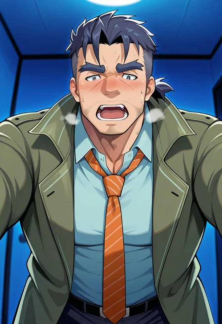 score_9, score_8_up, score_7_up, score_6_up, perfect anatomy, perfect proportions, best quality, masterpiece, high_resolution, high quality, best aesthetic, incredibly absurdres, highres, extremely detailed, huge filesize, solo male, adult, mature, masculine, manly, handsome, charming, alluring, standing, upper body, dutch angle, cowboy shot, perfect face, source_game, official style, Gammei, grey-blue eyes, thick eyebrows, dark blue hiar, tow-tone hair, high fade, ponytail, sideburns, facial hair, stubble, blue-green shirt, diagonal stripe necktie, orange/white necktie, two-tone necktie, olive green coat, trench coat, open coat, two-tone coat, blurred background, upper body, dutch angle, realistic shading, night, dark natural lighting, expressive face, looking down at viewer, bend over, indoors bedroom, ceiling, from below, dutch angle, dynamic angle, foreshortening, pov, intricately detailed illustration, atmospheric perspective, depth of field, amazing quality, very aesthetic, absurdres, newest, heavy breathing, sweatdrop, steamy, bashful, embarrassed, lewd, horny, kinky, open mouth, moaning