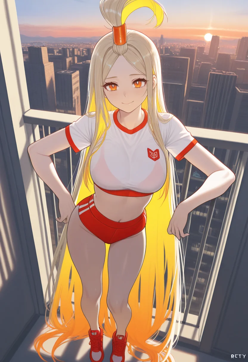 masterpiece, best quality, newest, very aesthetic, absurdres,
1girl, sp0rty outfit, crop top, short sleeves, sports bra, tight shorts, high-top sneakers, red and white outfit, breasts,
orange eyes, ,
colored inner hair, blonde hair, blonde hair, absurdly long hair, straight hair, parted bangs, topknot, cowlick, ,
leaning, cheerful_expression, modern_balcony, cityscape_view, twilight,
<lora:993sk Sporty outfit:0.8>