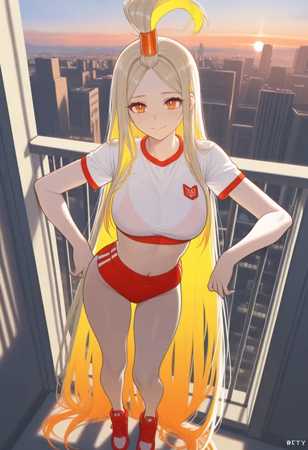 masterpiece, best quality, newest, very aesthetic, absurdres,
1girl, sp0rty outfit, crop top, short sleeves, sports bra, tight shorts, high-top sneakers, red and white outfit, breasts,
orange eyes, ,
colored inner hair, blonde hair, blonde hair, absurdly long hair, straight hair, parted bangs, topknot, cowlick, ,
leaning, cheerful_expression, modern_balcony, cityscape_view, twilight,
<lora:993sk Sporty outfit:0.8>