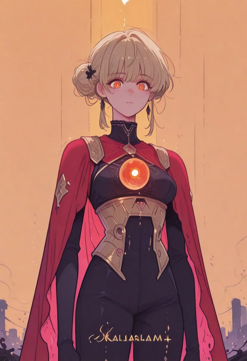 akira style,Comic panel illustratio A female, Amidst the clearing skies of Neo-Tokyo's dystopia, a formidable female psychic emerges, her body adorned in a black bodysuit, stark against the city's recovering silhouette. The remnants of a red cape, frayed and weathered, wrap around her, fluttering in the serene breeze of a newfound calm. Radiating a potent aura of raw energy, she embodies the aftermath of chaos, now subdued. The air around her shimmers with the residual charge of her vast power. Beneath the serene sky, her aura glows with powerful force, a visual testament to her telekinetic supremacy that once bent the very fabric of reality amidst the city's ruins. Her expression, etched with fierce determination, captures the iconic essence of 'Akira's' espers—a paragon of human potential reaching its zenith, bathed in the gentle light of a world reborn, orange sphere in the background, k4l1s4m111