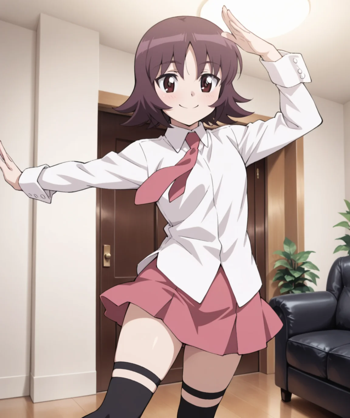 masterpiece, best quality, amazing quality, very aesthetic, ultra detail, clear line, solo, <lora:sanada_satsuki:0.8>, satsuki, brown eyes, short hair, russet hair, white shirt, pink skirt, pink tie, black knee-high socks, smile, dancing, cowboy shot, living room, indoor, <lora:LECO_BadHands:1.2>, <lora:LECO_GoodHands:-1.2>, <lora:cfg_scale_boost:0.7>