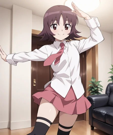masterpiece, best quality, amazing quality, very aesthetic, ultra detail, clear line, solo, <lora:sanada_satsuki:0.8>, satsuki, brown eyes, short hair, russet hair, white shirt, pink skirt, pink tie, black knee-high socks, smile, dancing, cowboy shot, living room, indoor, <lora:LECO_BadHands:1.2>, <lora:LECO_GoodHands:-1.2>, <lora:cfg_scale_boost:0.7>
