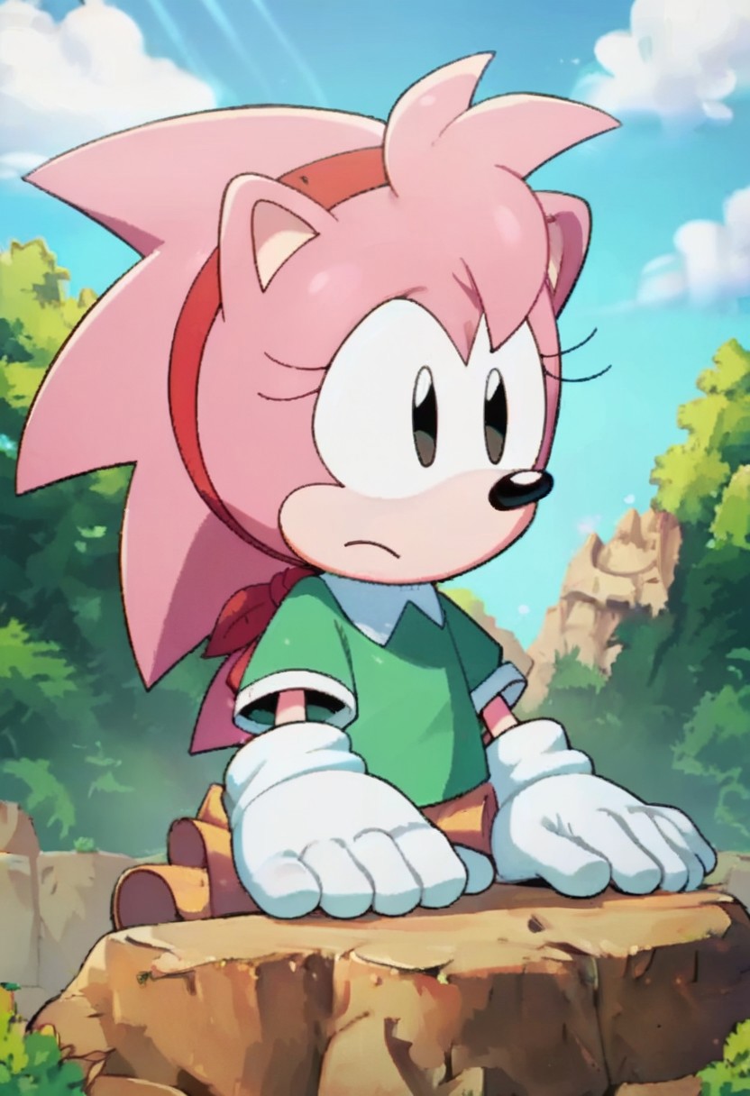 score_9, score_8, score_7, source_furry, amiroze, 1girl, solo, hairband, outdoors, gloves, white gloves, green shirt, tree, shirt, day