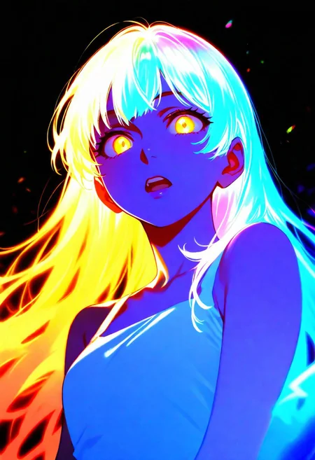 score_9, score_8_up, score_7_up, score_6_up, 1girl, bare shoulders, teeth, lips, thin lips, narrow mouth, solo, looking at viewer, glowing eyes, open mouth, long hair flowing hair, flying hair, rainbow colored hair, neon hair, glowing hair, upper body, from below, back lighting, dark, multicolored background, blurred background, bright, multicolored, bright colors of paint, masterpiece, best quality, amazing quality, very aesthetic, lots of multicolored rainbow light, focus on the face, lots of soft light, soft colors