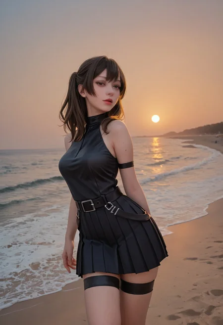 score_9, score_8_up, score_7_up, score_6_up, score_5_up, score_4_up, 1girl, 25 years old, ub3l black dress, arm strap, black belt, thigh strap, mole on breast, pleated dress, sleeveless dress sun in eyes, at sunset, masterpiece, detailed, highest quality, dramatic lighting, beach,
