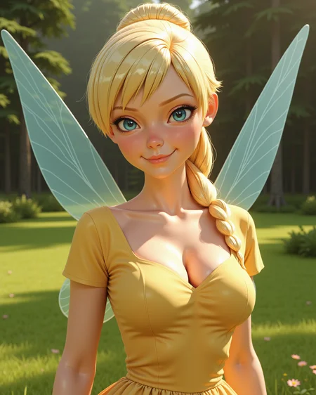 -looking at viewer, outdoors daylight, a 20 year old adult mature woman.
3d CGI Style, front view photo of.
<lora:Disney_-_Tinker_Bell_v2-000050:1> d-tinkerbell, blue eyes, blonde hair, fairy wings, Peplum top with a round neckline, cap sleeves, and a fitted waist
Upper Body view passport style
