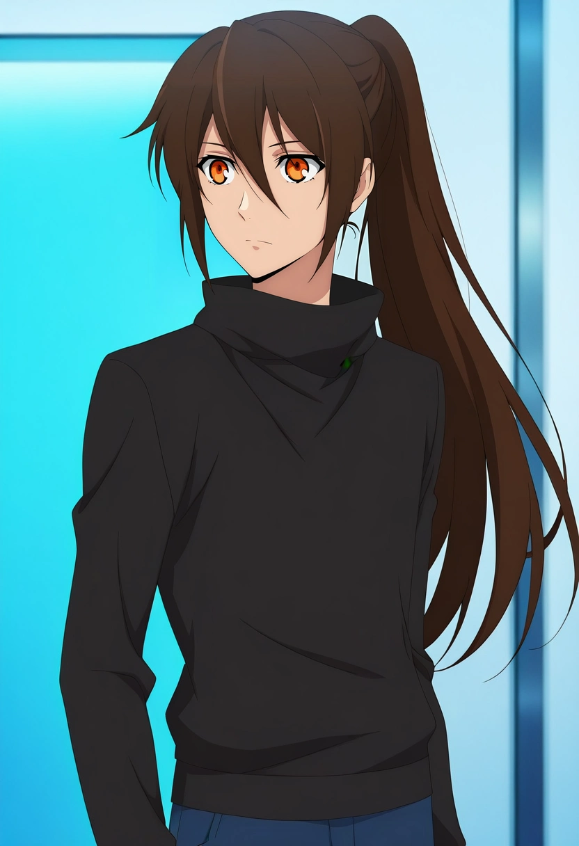 masterpiece, best quality, anime screencap, official style, anime coloring, cowboy shot, 1boy, solo, male focus, <lora:twenty-fifth_bam_ilxl:0.92>, twenty-fifth_bam, brown hair, orange eyes, long hair, ponytail, bangs, hair between eyes, ,