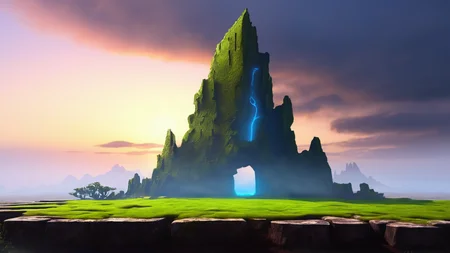 a hughe hill with a single large decorative stone sculpture , barren wasteland, , ruins of a antique city, few moss, complete overgrown, , sunrise with morning fog near ground , sunlight with godrays, , rainy, one big clouds, lighting strikes, ,
science fiction digital painting,