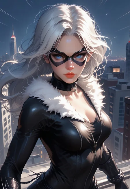 <lora:BlackCatpony10:1>,
score_9,score_8_up,score_7_up,
BlackCat,1girl,solo,breasts,long hair,mask,bodysuit,cleavage,white hair,fur trim,blue eyes,medium breasts,black_cat_\(marvel\),gloves,domino mask,lipstick,looking at viewer,city,black bodysuit,claws,makeup,lips,choker,night,full body,
Jump from a high place to the ground,support the ground with one hand,the claws and the ground are sparking,landing,(motion_lines:1.5),(motion_blur:1.3),(speed_lines:1.5),The wind messed up her hair,