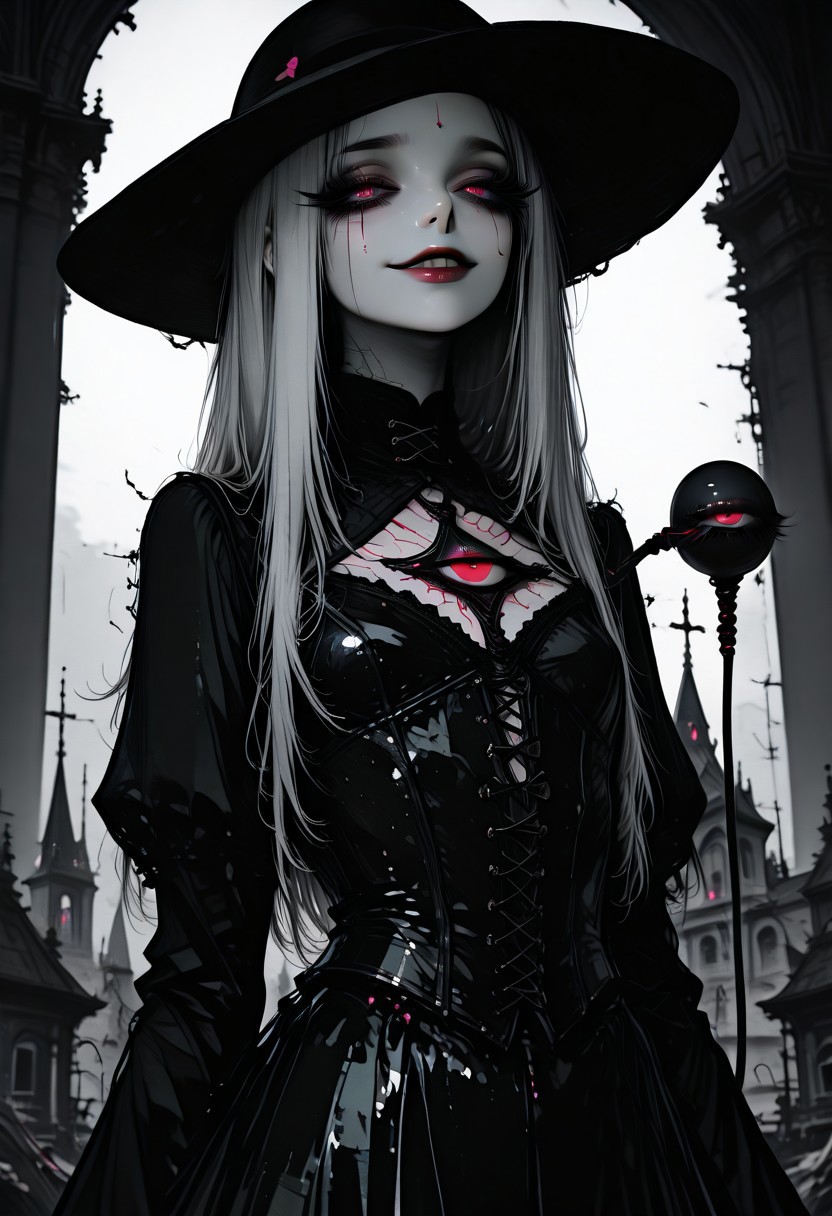 (EyesHD:1.2), (4k,8k,Ultra HD), masterpiece, best quality, ultra-detailed, very aesthetic, sharp focus, depth of field, ray tracing, best lighting, detailed illustration, detailed background, cinematic, high contrast, high resolution,masterpiece, best quality, amazing quality, absurdres, (scenery, volumetric lighting), newest, depth of field,BREAK masterpiece,amazing quality,best quality,ultra-detailed,8K,illustration,CG,shiny hair,clear skin,ultra-detailed-eyes, detailed background,cute girl, eyelashes BREAK,1girl alternate costume alternate hairstyle commentary request fusion gap \(touhou\) greyscale happy hat heart highres koishi komeiji's heart-throbbing adventure komeiji koishi long hair monochrome sentaku-bune skirt smile solo spoilers third eye touhou yakumo koishi yakumo yukari,Flat Chest,Dress with a Bustier Bodice,tearing,saggy breasts,dawn, distrail,church_of_the_savior_on_blood,disdain,    Sinozick_illu,gradient,spot color,at3r4