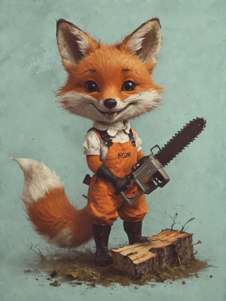 The girly fox with the chainsaw , smilling,  illustration,   <lora:Desolation:0.6>