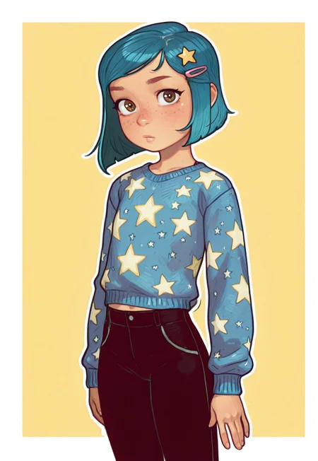 masterpiece, best quality, amazing quality, absurdres, highres, detailed art, smooth style, 4s0r4, Mossastyle, mrporty ,HD, 4K, possmach, outline, 1girl, solo, blue hair, flat chests, skinny, petite, young, younger, bob cut,medium hair, hairclip, brown eyes, freckles, blue sweater, star(symbol), patterned sweater, star print, long sleeves, black pants