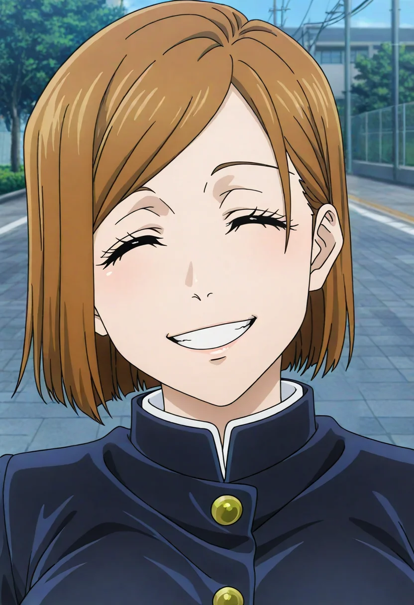 masterpiece, best quality, absurdres, highres, detailed background, <lora:hyperSD8:1>,
<lora:KUGISAKI_NOBARA:1> anime screencap, 1girl, solo, kugisaki nobara, happy, smile, closed eyes,