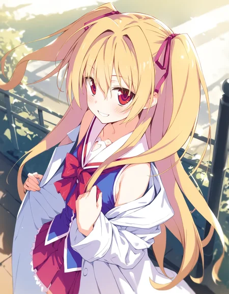masterpiece, high score, great score, absurdres, 1girl, nikaidou shinku, blonde hair, two side up, <lora:nikaidou_shinkuAM4:1.0>,lab coat,school uniform,outdoors, pleated skirt,bare shoulders, smile, spread arms