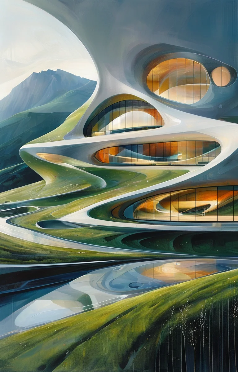 masterpiece,best quality,<lora:tbh307-sdxl:0.9>,illustration,design by Zaha Hadid Sustainable eco-village with green roofs and solar panels, nestled in a mountain valley