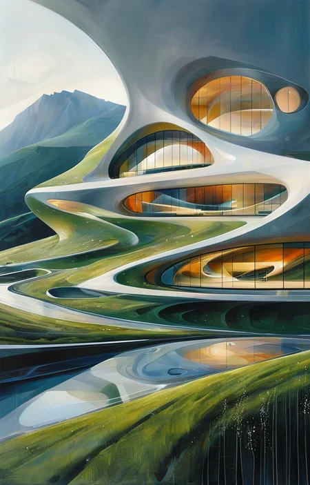 masterpiece,best quality,<lora:tbh307-sdxl:0.9>,illustration,design by Zaha Hadid Sustainable eco-village with green roofs and solar panels, nestled in a mountain valley