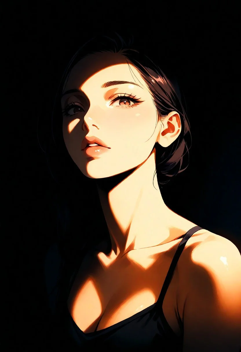 1girl, misato, lips, thin lips, parted lips, solo, looking at viewer, camisole, upper body, dark, underlightling, masterpiece, best quality, very aesthetic