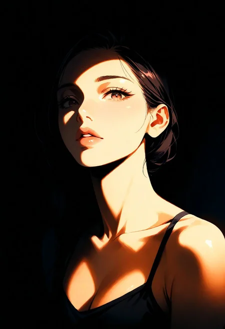 1girl, misato, lips, thin lips, parted lips, solo, looking at viewer, camisole, upper body, dark, underlightling, masterpiece, best quality, very aesthetic