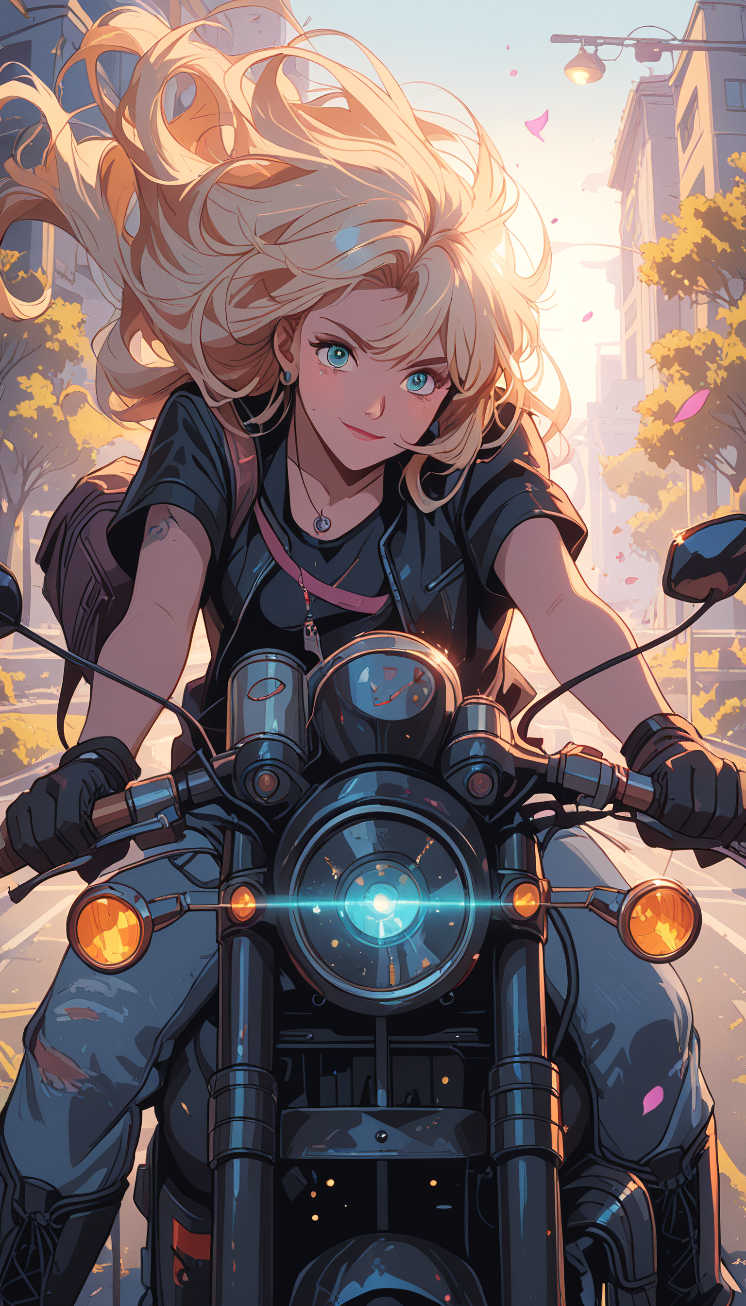 masterpiece, Shinkaistyle, STYLE_PONYXL_guweiz_ownwaifu,
pinkretroanime, retro art,
Cyberpunk Style, cyberpunk, science fiction, hi tech, future tech, neon, (Cybernetics:1.25), (Neon Cityscape:1.4), (lineless:1.5), smooth edges, (lighten the face:1.5), tall body, slender body, fit body, long legs, In the image, there's a scene that seems to evoke a sense of adventure and freedom. The main focus is a young woman with striking blue eyes, her hair a cascade of blonde waves. She's astride a sleek black motorcycle, its headlight gleaming as if ready to cut through the wind. The woman is dressed in a black leather jacket and jeans, giving off an edgy, free-spirited vibe. She grips the handlebars tightly, her posture suggesting she's either just started the ride or is about to accelerate. Behind her, there's a backdrop of a city street at dusk, with buildings that seem to stretch on into the distance. The sky above is painted in hues of orange and pink, hinting at the setting sun. A few leaves are scattered across the frame, adding to the urban atmosphere. The image has a high level of detail, particularly in the character's attire and the intricate details of the motorcycle. The lighting is soft, casting gentle shadows that add depth to the scene. The colors are vibrant, with the woman's blonde hair contrasting beautifully against the darker tones of her jacket and the black motorcycle. Overall, this image captures a moment of anticipation and excitement, as if the rider is about to embark on an epic journey through the city at dusk., 1girl, solo, long hair, breasts, looking at viewer, blush, smile, bangs, blue eyes, blonde hair, shirt, gloves, holding, jewelry, sitting, closed mouth, collarbone, jacket, white shirt, white hair, short sleeves, earrings, boots, outdoors, open clothes, day, black gloves, pants, necklace, bag, black footwear, aqua eyes, open jacket, tree, black jacket, v-shaped eyebrows, torn clothes, petals, black shirt, tattoo, leaning forward, floating hair, leaf, scar, black pants, sunlight, backpack, knee boots, helmet, light smile, denim, ground vehicle, wind, t-shirt, building, motor vehicle, scar on face, pendant, backlighting, cropped jacket, sunset, jeans, injury, glint, city, motion blur, unbuttoned, blue pants, car, road, riding, >:\), leather, motorcycle, lamppost, dirty, street, torn pants, falling leaves, leather jacket, scratches, dirty face, on motorcycle