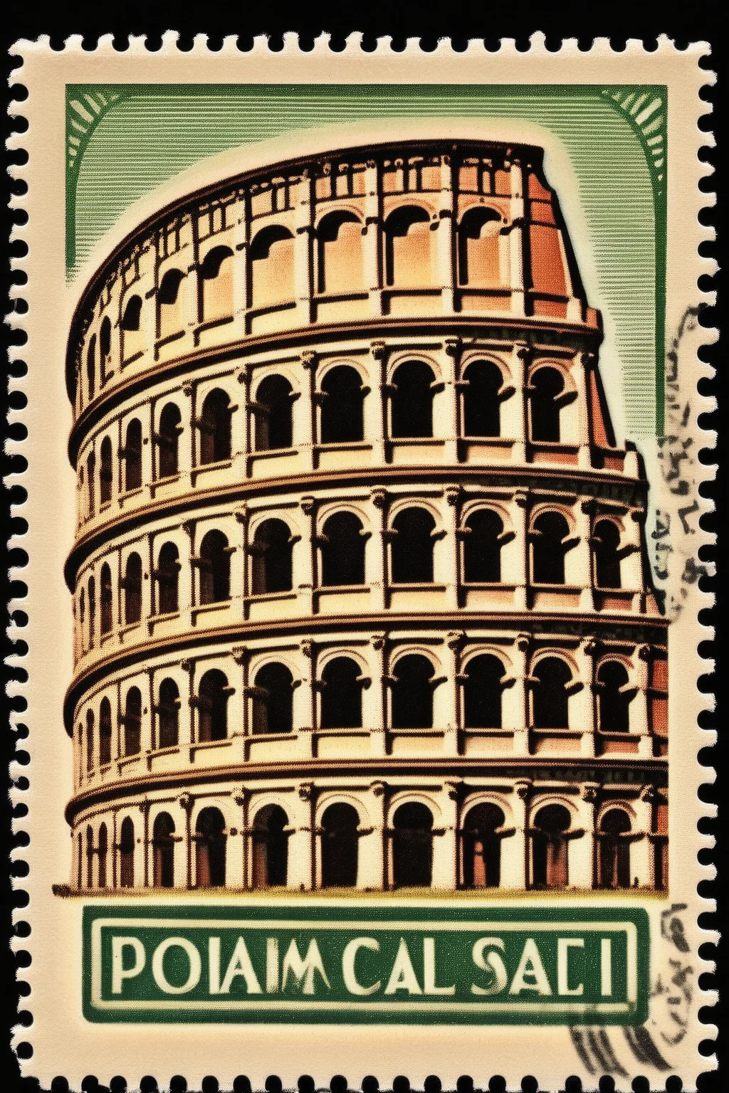 <lora:Vintage Postage Stamps:1>Vintage Postage Stamps - postage stamp depicting the Roman Colosseum