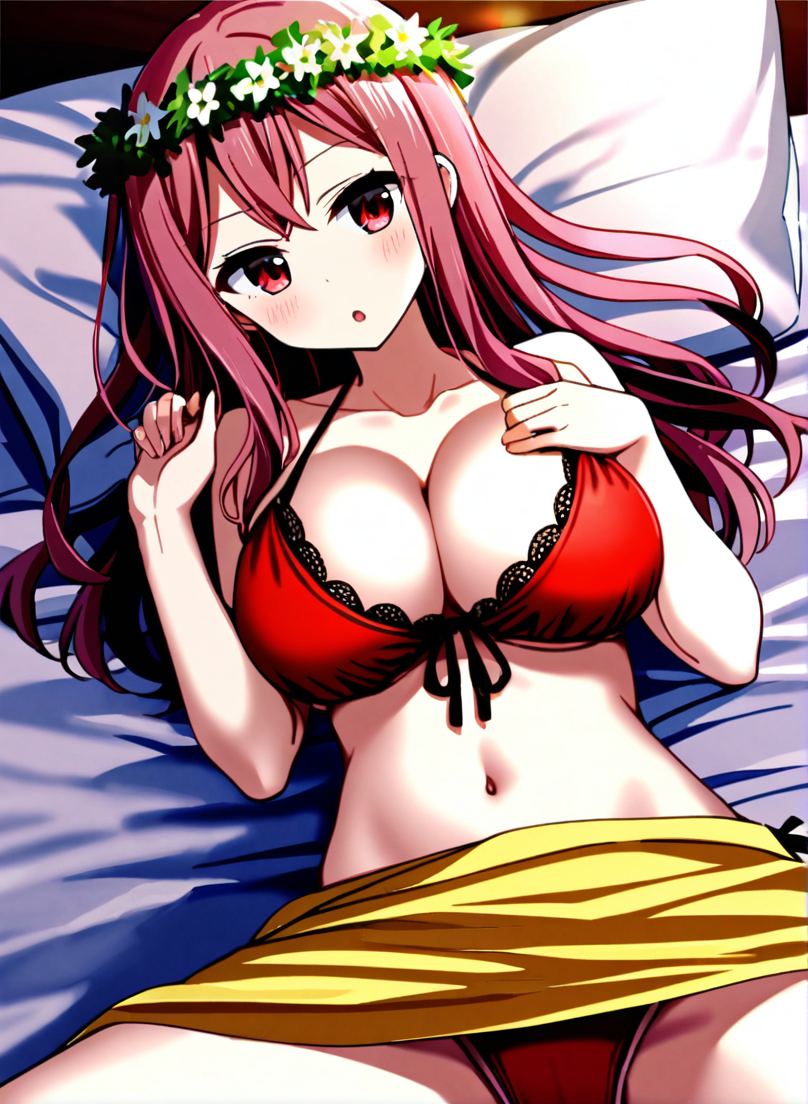 character: Mizuki (ç¾æ), 1girl, solo, lying on bed,spread legs, long hair, pink hair, large breasts,red eyes, white head wreath, :o, yellow sarong, cleavage, navel, collarbone, red bikini, front-tie bikini top,<lora:Mizuki (ç¾æ) v5 (æ­£ååå¾ç¿»è½¬)-000015:1>