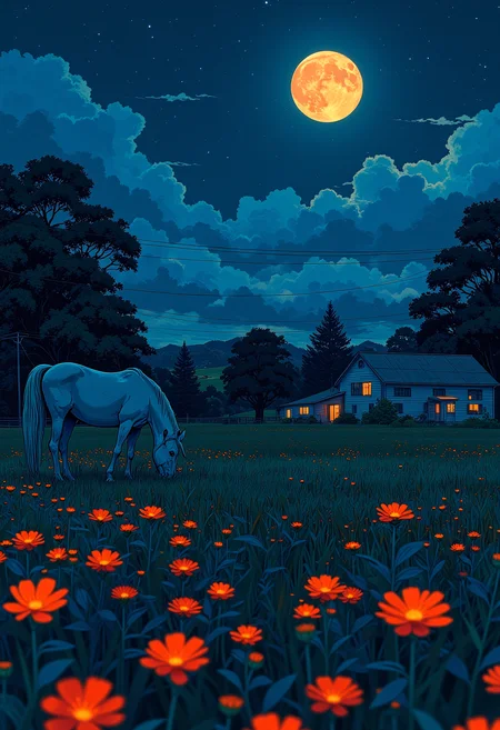 A night on the farm, A lone horse grazing on the field illuminated from behind by the moon light, A farm house and a barn sits in the background, the field flowers glow under the night light