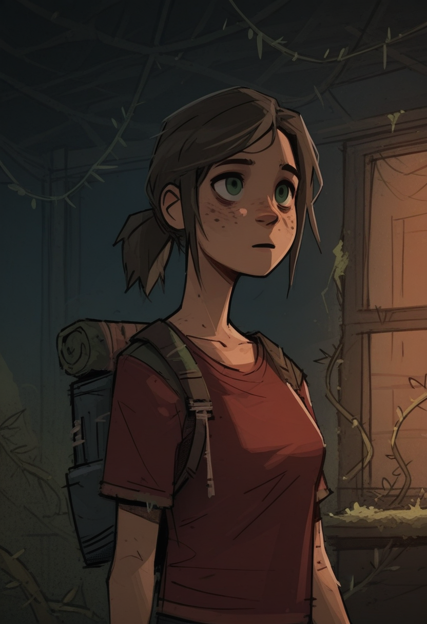 a13xstyle, sketch, masterpiece, best quality, solo,                                                                                  detailed face, detailed eyes,  ellie\(the last of us\), green eyes, ponytail, freckles, store, moss, vines, backpack,,  red shirt, aisles, dark, 