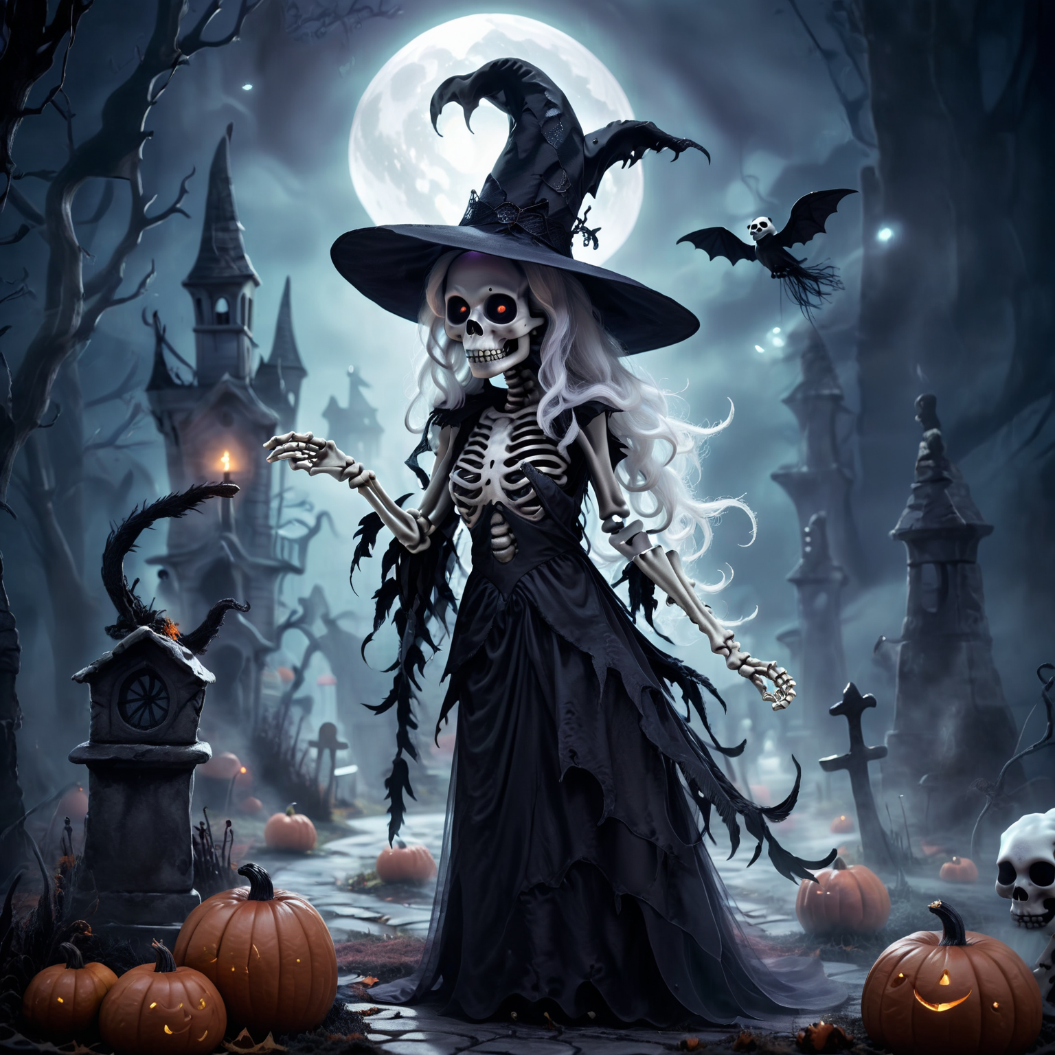 color photo of a skeleton, a ghost, and a Witch's Hat, all coming together to create a hauntingly captivating Halloween scene. The skeleton stands tall, its bones gleaming in the moonlight, representing the eerie presence of the afterlife. The ghost, draped in translucent white, floats gracefully, emanating an ethereal aura. The Witch's Hat, adorned with mystical symbols and feathers, adds a touch of enchantment to the scene. <lora:halloweenXL:1>