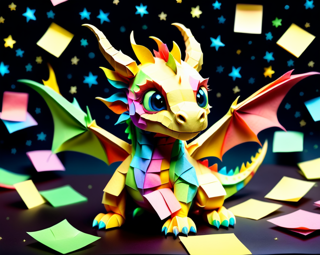 a small colorful cute baby dragon with tiny scales made out of Jed-StickyN, dynamic pose, dynamic angle, dark fantasy, intricate details, ultra wide shot, zoomed out,
<lora:StickyNotesStyle:1>,  <lora:add-detail-xl:0.7>,  <lora:sd_xl_dpo_lora_v1:1>, <lora:xl_more_art-full_v1:0.3>,  set against a  background of a starry sky,