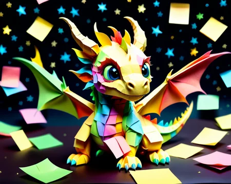 a small colorful cute baby dragon with tiny scales made out of Jed-StickyN, dynamic pose, dynamic angle, dark fantasy, intricate details, ultra wide shot, zoomed out,
<lora:StickyNotesStyle:1>, <lora:add-detail-xl:0.7>, <lora:sd_xl_dpo_lora_v1:1>, <lora:xl_more_art-full_v1:0.3>, set against a background of a starry sky,